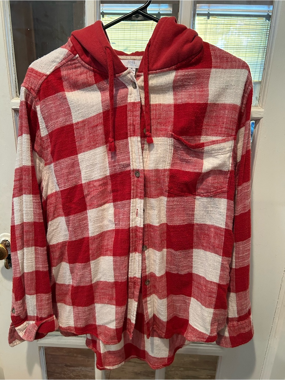 Women’s Red & White Plaid Hooded Button-Up Shirt